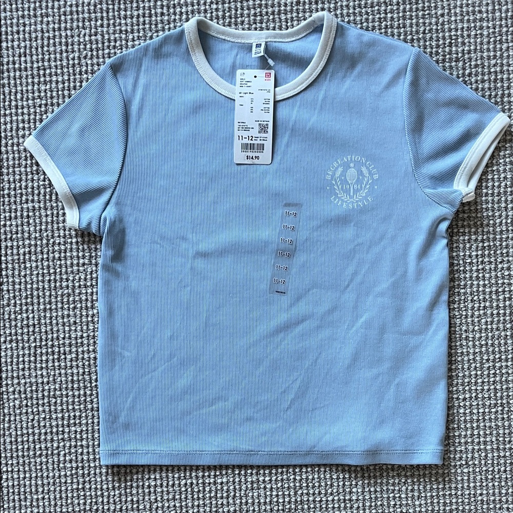 NWT Uniqlo Light Blue Soft Ribbed Girls Tee with White Trim